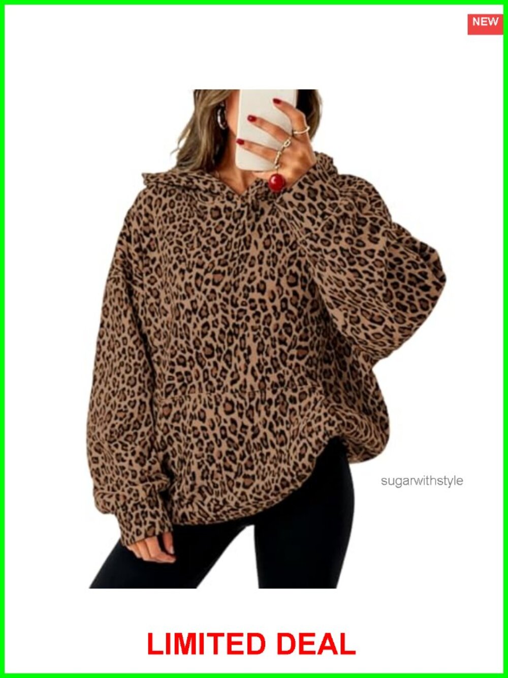 Oversized Fleece Lined Leopard Print Hoodie Pullover Casual